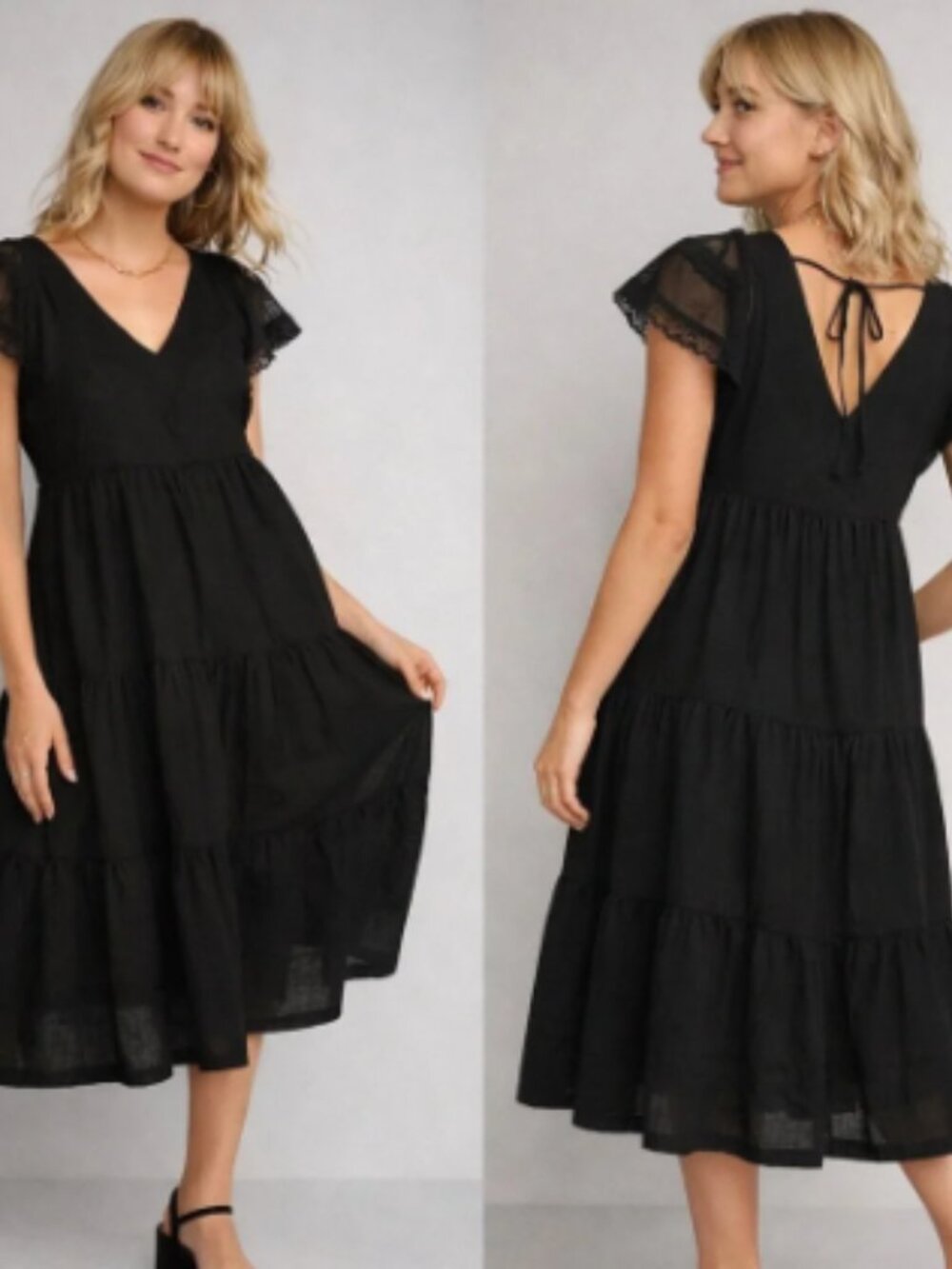 Old Navy Black Midi Dress Crochet Flutter Sleeve Tiered Sz L Boho Vacay Peasant